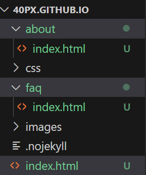 Screenshot showing folders for pages with index.html files inside in Visual Studio Code